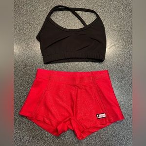 YXS red sparkle Crazy Pants and black sports bra.